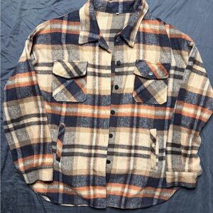 Women's Plaid Button-Down Shirt - Navy and Orange